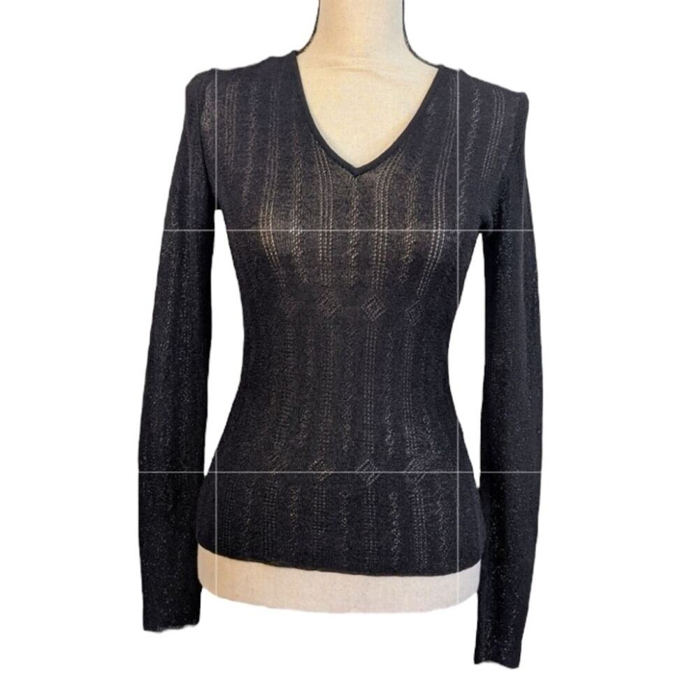 Tahari Black V-neck Semi-Sheer Top - Medium